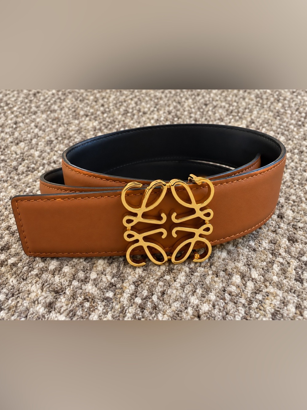 Loewe Tan Leather Belt with Gold Anagram Buckle size 34